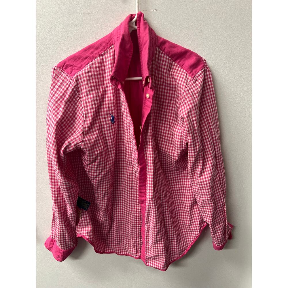 Ralph Lauren Women’s L Pink Double Face Gingham Cotton Button Down Pony Shirt - Picture 8 of 11